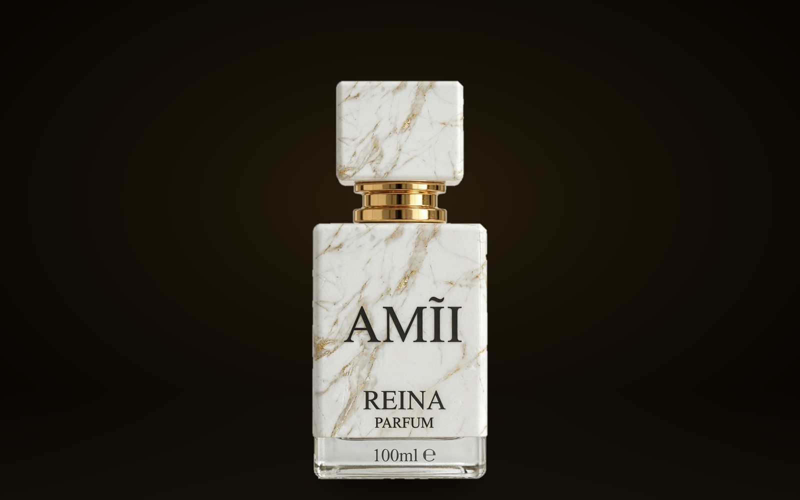 Foto real del frasco REINA de AMĨI PERFUME: mármol blanco con vetas doradas y tapa dorada