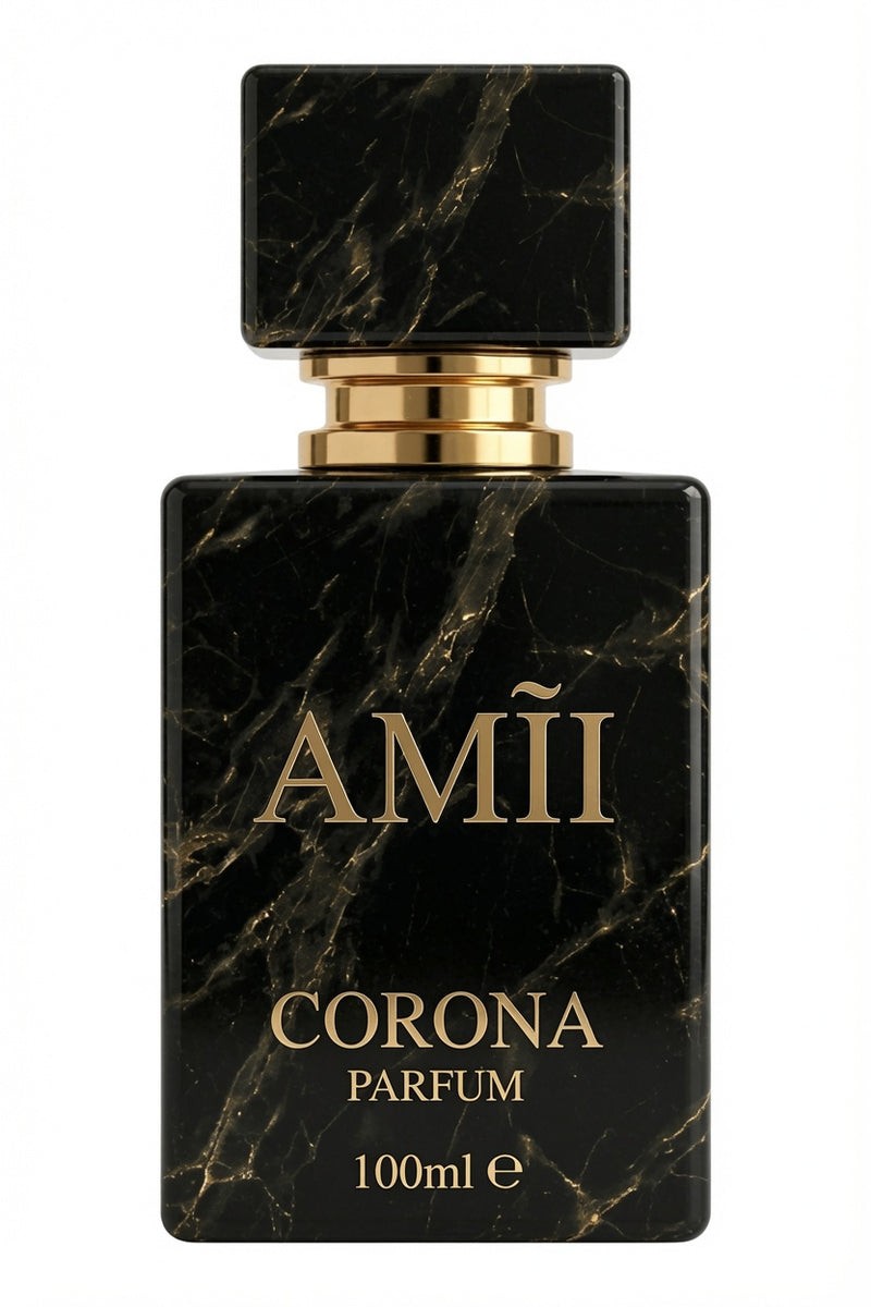 Foto real del frasco CORONA de AMĨI PERFUME: mármol negro con vetas doradas