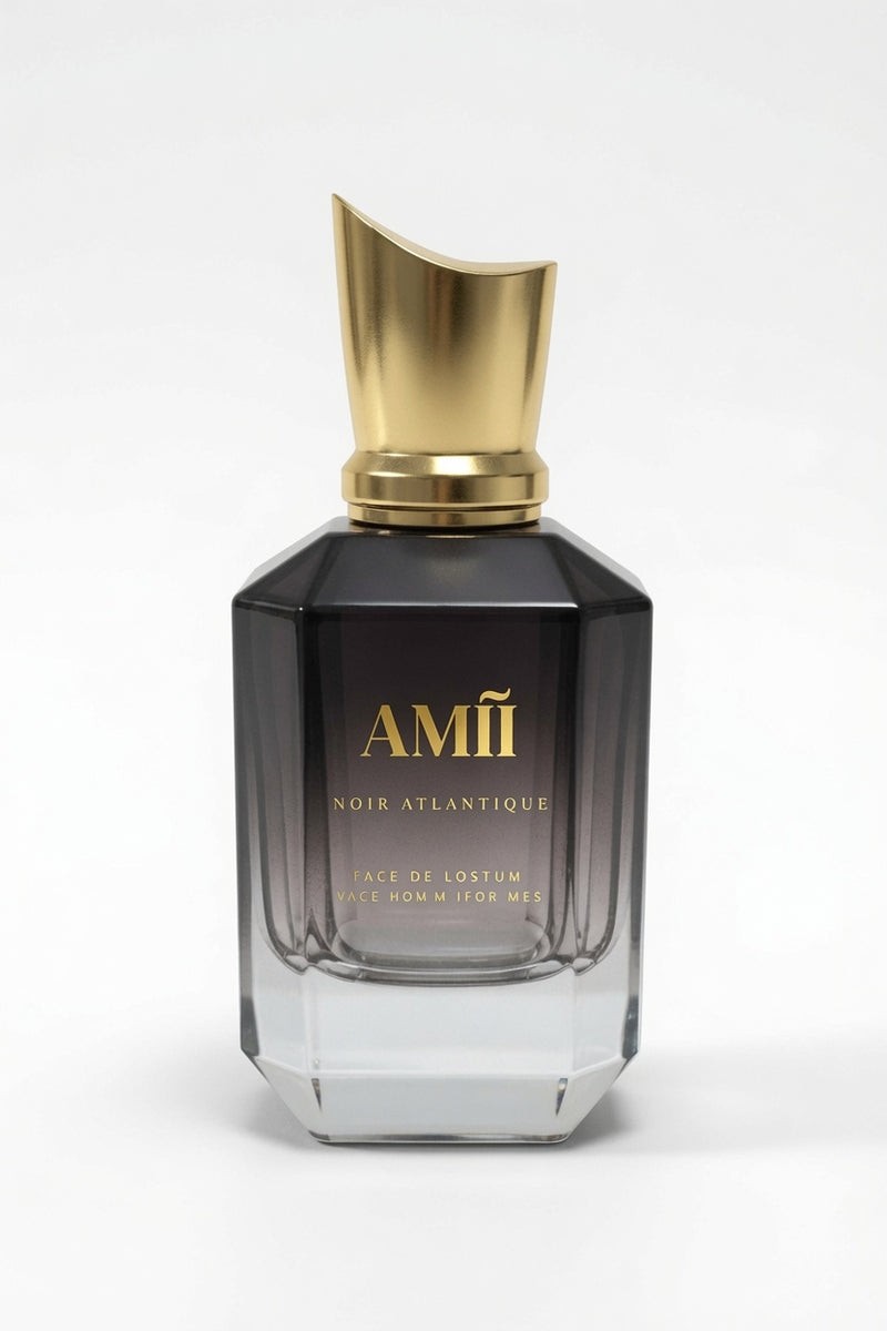 Foto real del frasco NOIR ATLANTIQUE de AMĨI PERFUME: cristal ahumado con tapa dorada